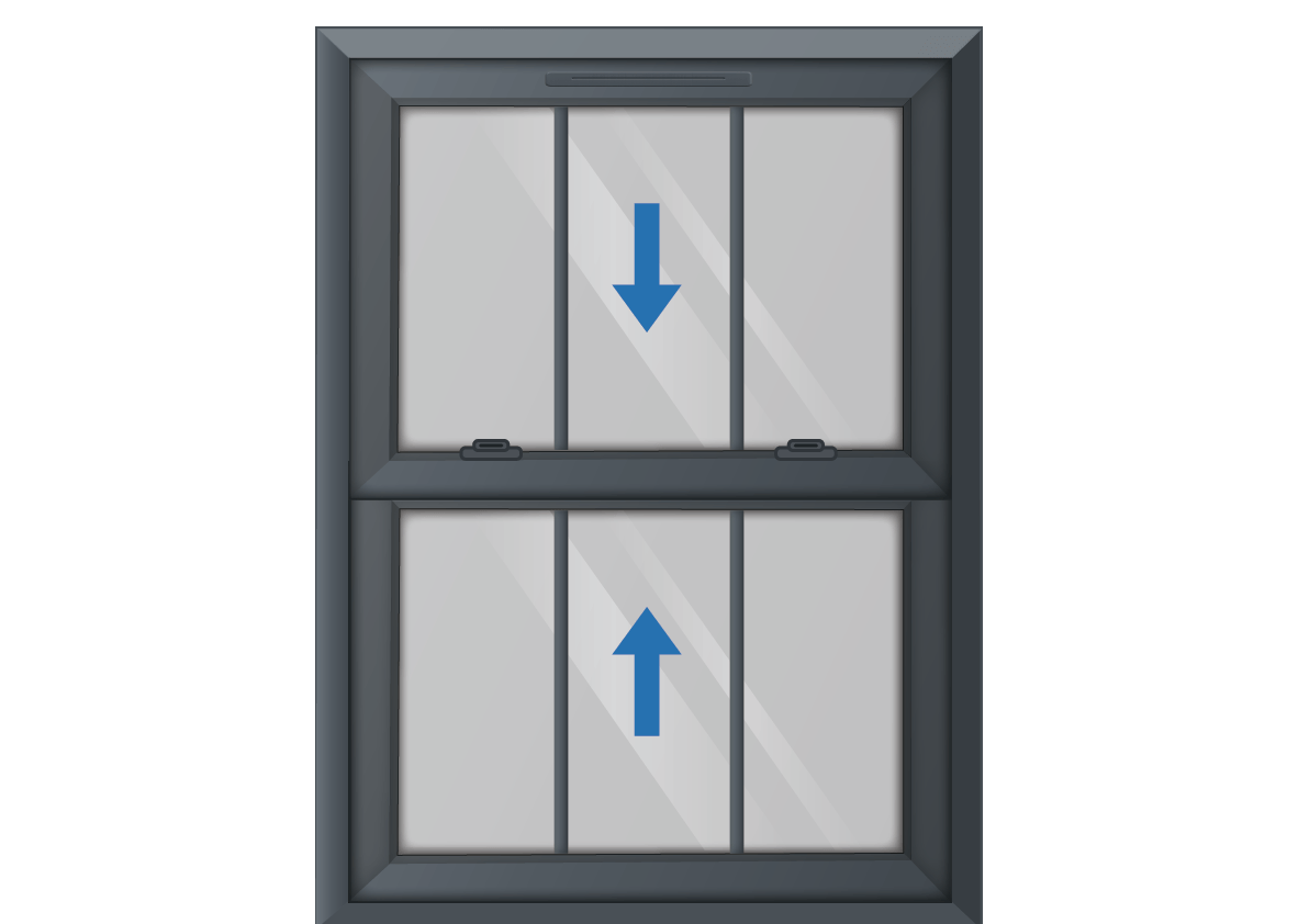 Grey uPVC Sliding Sash Window with Georgian Triple Vertical Bars